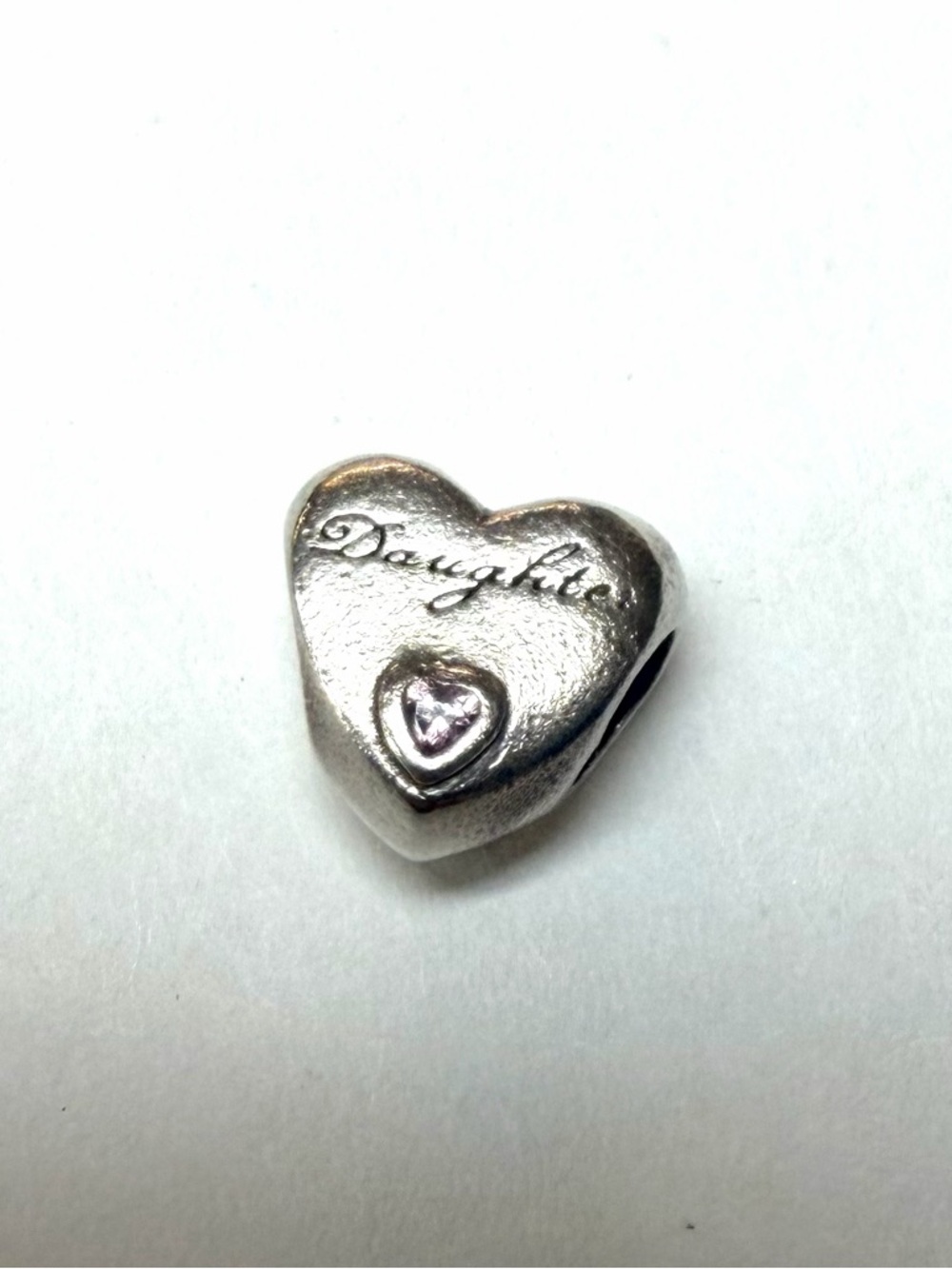 Pandora Silver 'Daughter' Heart Charm with Pink Stone